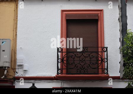 Fenster mit Stahlgitter an einer weiß getünchten Wand. Andalusisches weißes Dorf. Costa del Sol. Spanien Stockfoto