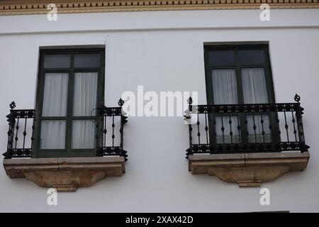 Fenster mit Stahlgitter an einer weiß getünchten Wand. Andalusisches weißes Dorf. Costa del Sol. Spanien Stockfoto