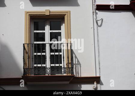 Fenster mit Stahlgitter an einer weiß getünchten Wand. Andalusisches weißes Dorf. Costa del Sol. Spanien Stockfoto