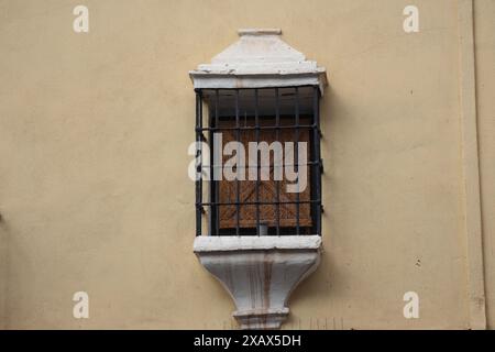 Fenster mit Stahlgitter an einer weiß getünchten Wand. Andalusisches weißes Dorf. Costa del Sol. Spanien Stockfoto