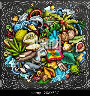 Vektor lustige Kritzelillustration mit Grenada Thema. Lebendiges und auffälliges Design, das das Wesen der nordamerikanischen Kultur und Traditionen widerspiegelt Stock Vektor