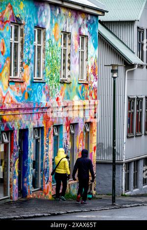 Street Art an einer Hauswand in Njálsgata, Reykjavik, Island. Stockfoto