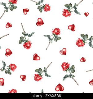 Nahtloses Muster mit roten Rosen und Herzen. Handgefertigte Aquarellillustration. Für Verpackungen und Textilien, Geschenkpapier, Servietten, Hintergründe Stockfoto