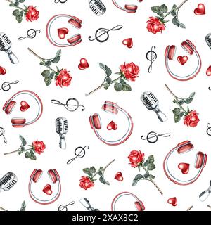 Musikalisch romantisches nahtloses Muster mit roten Kopfhörern, Mikrofonen und Rosen. Die Aquarellabbildung wird von Hand erstellt. Für Textilien, Verpackung p Stockfoto