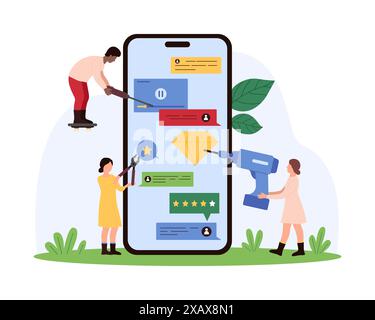 Software-Upgrade-Prozess, Entwicklung und Verbesserung mobiler Anwendungen. Winzige Leute mit Wartungs-Service-Tools aktualisieren System, reparieren und ändern Version der App Cartoon Vektor Illustration Stock Vektor