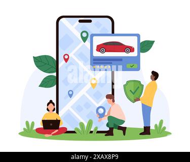 Online-Carsharing-Sicherheit, Service in der Handy-App. Winzige Leute halten Schild und Positionsnadel für Karte, um die Stadt zu steuern, suchen Auto Fahrzeug auf Smartphone Bildschirm Cartoon Vektor Illustration Stock Vektor