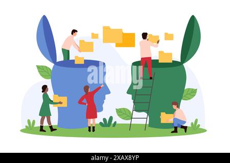 Datenaustausch und Informationskommunikation Fortschritt, Informations- und Wissenstransfer im Bereich Lernen, Ausbildung. Kleine Leute teilen Ordner mit Dateien zwischen zwei menschlichen Köpfen Cartoon Vektor Illustration Stock Vektor