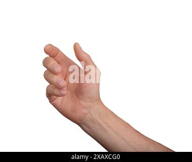 Hand hält ein unsichtbares Objekt, isoliert auf weiß. Geste des Geben oder Greifens. Tropfzeichen. Stockfoto