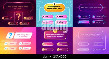 benutzeroberfläche für Trivia-Spiele. Vorlage für Fragen und Antworten für Quizvorstellungen, Multiple-Choice-Oberfläche mit Schaltflächen und Timer. Layout der Vektorspiel-App Stock Vektor
