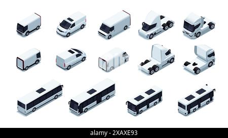 Verschiedene isometrische Fahrzeuge. Logistikfahrzeuge mit Lastenanhänger, Lastwagenwagen und Motorrad für Transportunternehmen. Vektorsatz. Anders Stock Vektor