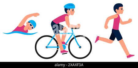 Triathlon-Aktivität: Schwimmen, Radfahren, Laufen. Junger Mann, der im Rennen antritt. Einfache flache Zeichentrickstil Vektor Illustration Set. Stock Vektor