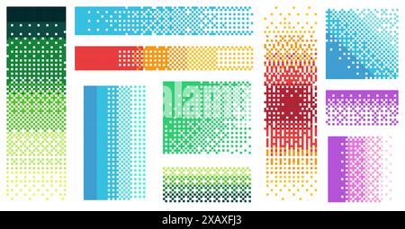 Pixel-Farbverlauf. Retro 80er Jahre 90er Jahre buntes Mosaikgitter, geometrischer digitaler Regenbogenhintergrund mit zufälligen Regenbogenformen. Vektortextur. Stock Vektor