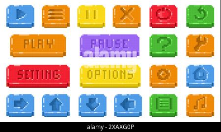 Schaltflächen für das Pixel-Menü. Symbole für die Benutzeroberfläche von Retro-Videospielen, 8-Bit-Spielfeld plus Minuszeichen, Schaltflächen für Anwendungen der alten Schule. Vektor-UI-Elemente. Stock Vektor