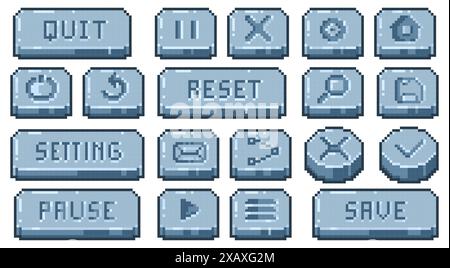 Steinpixel-Schaltflächen. Elemente der Benutzeroberfläche für Videospiele der alten Schule, Navigationspanel für die Retro-App mit 8 Bit. Isolierte Sammlung von Vector Square UI-Spielelementen. Stock Vektor