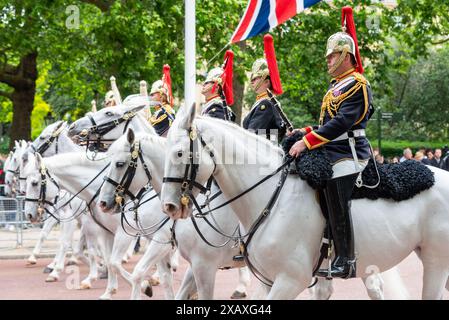 Colonel's Review, letzte Übung für Trooping the Colour 2024. Mounted Band of the Household Cavalry Blues & Royals Musicians Riding in the Mall Stockfoto