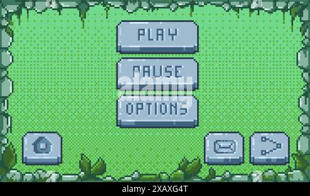 Pixel-Spielmenü. Retro-Tasten für Videospiele, 8-Bit-Asset, UI-Elemente für Mobilgeräte. Vector Arcade Design Set. Stock Vektor