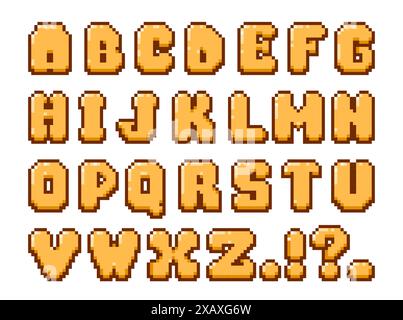 Retro-Pixel-Schriftart. 8-Bit-Alphabet für Videospiele der alten Schule, geometrische Minimal-geometrische Schrift mit Zahlen und Satzzeichen. Vektor-isolierter Satz. Stock Vektor