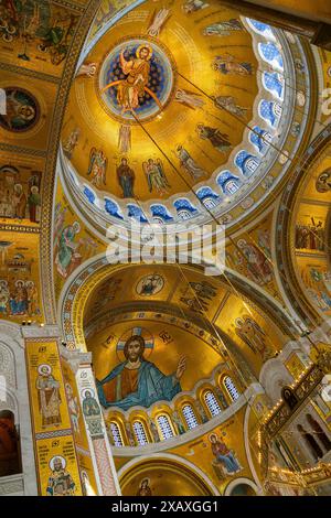 Belgrad, Serbien - 29. April 2024: Exquisite goldene Fresken und kunstvolle Architektur zieren die Decken und Wände der Kirche Saint-Sava in Belgr Stockfoto