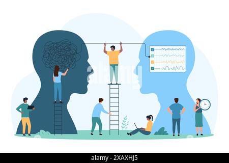 Visualisierung der mentalen Therapie, Sitzung mit Psychotherapeuten kleine Menschen entwirren Chaos von Fadenknoten, verwandeln Verwirrung in Ordnung in menschliche Köpfe Silhouetten Cartoon Vektor Illustration Stock Vektor