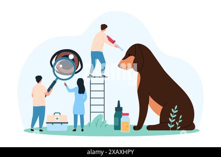 Die ärztliche Untersuchung des Haustieres im Tierarztkrankenhaus. Winzige Leute mit Vergrößerungsglas überprüfen Hundeaugengesundheit, Tierarzt wenden Augentropfen für professionelle Behandlung der Tier-Cartoon-Vektor-Illustration an Stock Vektor