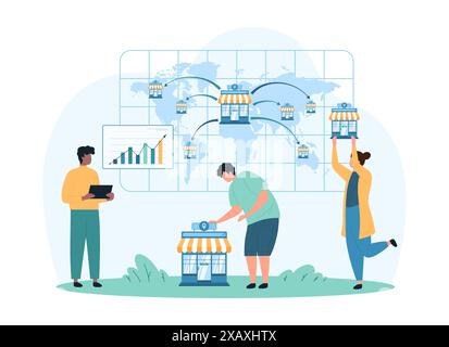 Globale Geschäftsentwicklung bei Franchise, Expansion und Vertrieb von Unternehmen. Winzige Leute pinnen neues kleines Modell des Restaurants, Büros oder Einzelhandels auf Weltkarte Karikaturvektor Illustration Stock Vektor