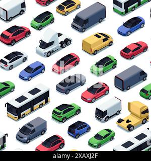 Isometrisches Fahrzeugmuster. Nahtloser Druck von farbenfrohen Retro-Fahrzeugen, Cartoon-Transporthintergrund zum Einpacken von Papiergewebe. Vektortextur Stock Vektor