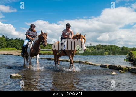 Abkühlung im Fluss Ewenny bei Ogmore Castle in der Nähe von Bridgend South Wales nach einer langen Fahrt an einem heißen Sommermorgen heute ( Dienstag, 23.6/15). Maggie Pope auf Sally und Jo Davies auf Roo machen einen kühlenden Spaziergang im Fluss, während sie nach einer Fahrt am Morgen im Tal von Glamorgan zu den Ogmore Farm Riding Stables zurückkehren. Stockfoto