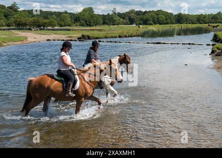 Abkühlung im Fluss Ewenny bei Ogmore Castle in der Nähe von Bridgend South Wales nach einer langen Fahrt an einem heißen Sommermorgen heute ( Dienstag, 23.6/15). Jo Davies auf Roo und Maggie Pope auf Sally machen einen kühlenden Spaziergang im Fluss, während sie nach einer Fahrt am Morgen im Tal von Glamorgan zu den Ogmore Farm Riding Stables zurückkehren. Stockfoto