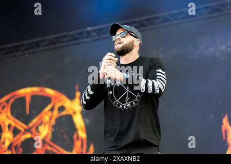 Tyler Miller Gesang während des Auftritts der australischen Deathcore-Band Thy Art Is Murder im Rahmen des Festivals Rock am Ring 2024 am Nürburgring. Nürburgring Rheinland-Pfalz Deutschland *** Tyler Miller singt während des Auftritts der australischen Deathcore-Band Thy Art Is Murder im Rahmen des Rock am Ring 2024 Festivals auf dem Nürburgring Nürburgring Rheinland-Pfalz Deutschland Stockfoto