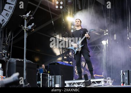 Sean Delander Gitarre während des Auftritts der australischen Deathcore-Band Thy Art Is Murder im Rahmen des Festivals Rock am Ring 2024 am Nürburgring. Nürburgring Rheinland-Pfalz Deutschland *** Sean Delander Gitarre während des Auftritts der australischen Deathcore Band Thy Art Is Murder im Rahmen des Rock am Ring 2024 Festivals auf dem Nürburgring Nürburgring Rheinland-Pfalz Deutschland Stockfoto