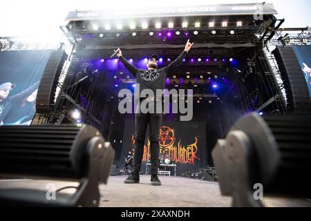 Tyler Miller Gesang während des Auftritts der australischen Deathcore-Band Thy Art Is Murder im Rahmen des Festivals Rock am Ring 2024 am Nürburgring. Nürburgring Rheinland-Pfalz Deutschland *** Tyler Miller singt während des Auftritts der australischen Deathcore-Band Thy Art Is Murder im Rahmen des Rock am Ring 2024 Festivals auf dem Nürburgring Nürburgring Rheinland-Pfalz Deutschland Stockfoto