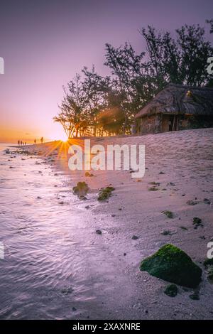 Eine malerische Strandszene bei Sonnenuntergang mit einer strohgedeckten Hütte inmitten hoher Bäume. Die Sonnenstrahlen erzeugen eine atemberaubende Anzeige von Licht und Schatten A Stockfoto