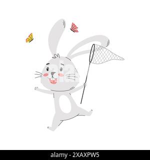 Ein lustiges Kaninchen, das Schmetterlinge mit einem Netz fängt. Niedlicher Hasencharakter. Einfache Vektorillustration isoliert auf weiß Stock Vektor