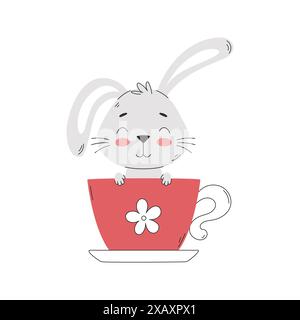 Ein lustiges Kaninchen, das in einer Teetasse sitzt. Niedlicher Hasencharakter. Einfache Vektorillustration auf weißem Hintergrund Stock Vektor