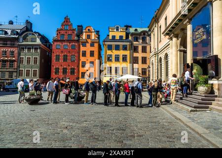 Stortorget, auf dem zentralen Platz in der Altstadt von Stockholm, stehen Menschen vor dem Eingang zum Noblelpreis Museum. Im Hintergrund die berühmten bunten Hausgiebeln. Besuchergruppe vor dem Nobelpreismuseum in Stockholm, Schweden Stockfoto