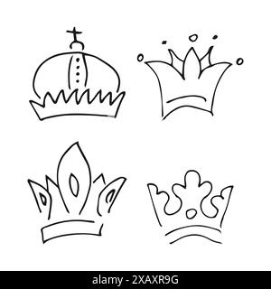 Handgezeichnete Kronen. Set aus vier einfachen Graffiti-Sketch-Königin- oder Königskronen. Königliche kaiserliche Krönung und Monarchensymbole. Schwarze Pinselkritzelei isoliert Stock Vektor