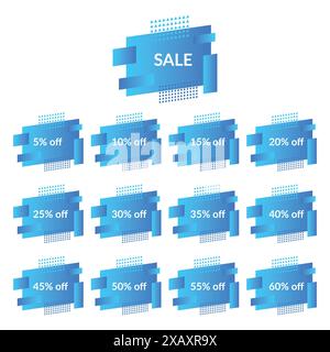 Satz blauer Verkaufs-Banner auf der modernen Verlaufsform. Geometrische trendige Banner mit Rabatten von fünf bis sechzig Prozent. Moderne Verlaufsform mit p Stock Vektor