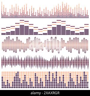 Vektorsatz von Schallwellen. Audio-Equalizer. Ton und Audiowellen isoliert auf weißem Hintergrund. Stock Vektor