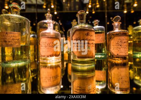 Verschiedene Destillate in alten Glasflaschen im Stockholmer Spirits Museum. Museum der Geister. Djurgårdsstaden, Stockholm, Schweden Stockfoto