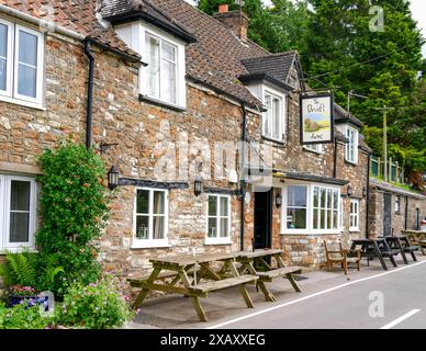 Das Druidenwappen im Dorf Stanton Drew war die Stelle neolithischer Steine, genannt The Cove, im Pub-Garten Stockfoto