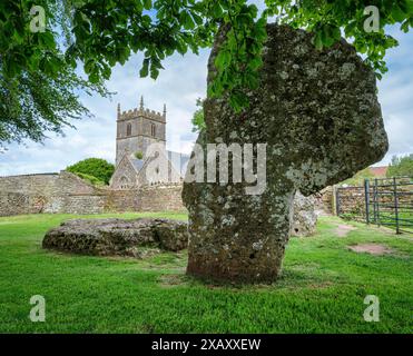 Monolithische Steine, bekannt als The Cove, möglicherweise die Überreste eines neolithischen Kammergräbers im Pub-Garten des Druid's Arms in Stanton Drew Somerset, Großbritannien Stockfoto