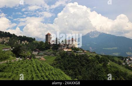 Dorf Tirol, Südtirol, Italien 07. Juni 2024: Hier der Blick von Dorf Tirol, Tirolo oberhalb von Meran auf das bekannte Schloss Tirol, Castel Tirolo,Stammburg der Grafen von Tirol und die Wiege der Grafschaft Tirol, Südtiroler Landesmuseum für Kultur- und Landesgeschichte , Meraner Land, Burggrafenamt, wandern, spazieren, Tourismus, Hotspot, Urlaubsdomizil *** Dorf Tirol, Südtirol, Italien 07 Juni 2024 hier ist der Blick vom Dorf Tirol, Tirol oberhalb von Meran auf das berühmte Tiroler Schloss, Schloss Tirol, Ahnenschloss der Grafen von Tirol und die Wiege der Grafschaft Tirol, Südtiroler Pro Stockfoto