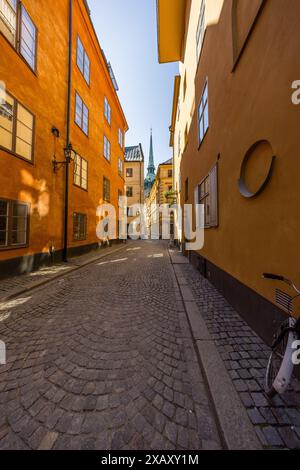 Eine schmale Gasse in der Altstadt Stockholms, Gamla Stan, führt zwischen ockerfarbenen Hausfassaden auf den grünen Turm der Tyska kyrkan (St. Gertrud-Kirche) zu. Ein rundes, reliefartiges Ornament fällt auf der rechten Hausfassade ins Auge, an dem ein Fahrrad an das Gebäude gelehnt ist. Die deutsche Gemeinde Stockholms gründete die Kirche 1571. Nach dem Stadtbrand von 1878 erhielt der Turm seinen heutigen 96-Meter-Turm, den höchsten Punkt in Gamla Stan. Tyska Skolgränd, Gamla Stan, Stockholm, Stockholms län, Schweden. Stockfoto