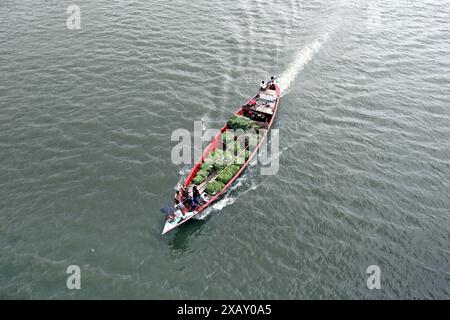 Dhaka, Wari, Bangladesch. Juni 2024. Großhändler transportieren Gemüse per Boot zum Verkauf auf den lokalen Märkten der Megacity Dhaka, Bangladesch am 09. Juni 2023. (Kreditbild: © Habibur Rahman/ZUMA Press Wire) NUR REDAKTIONELLE VERWENDUNG! Nicht für kommerzielle ZWECKE! Stockfoto