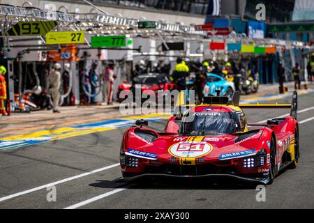 Le Mans, Frankreich, 09. Juni 2024#51 Ferrari AF Corse (ITA) Ferrari 499P (HY) - Alessandro Pier Guidi (ITA) / James Calado (GBR) / Antonio Giovinazzi (ITA) während der 92. Ausgabe der 24 Stunden von Le Mans, 4. Runde der FIA WEC Langstrecken-Weltmeisterschaft 2024, Test Day, Circuit des 24H du Mans, 9. Juni 2024 in Le Mans, Frankreich. Foto Kristof Vermeulen/MPS Agentur Credit MPS Agentur/Alamy Live News Stockfoto
