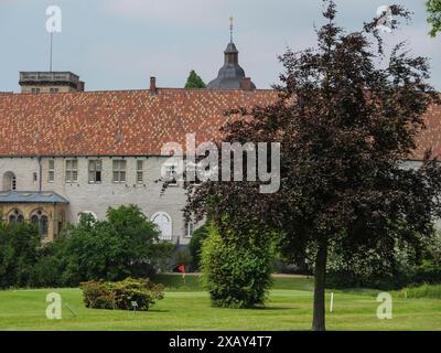 Altes Gebäude mit rotem Ziegeldach und einem Baum im Vordergrund auf einer grünen Wiese, Steinfurt, Nordrhein-Westfalen, Deutschland Stockfoto