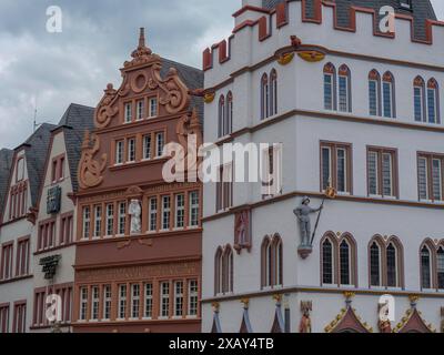 Reihe historischer Gebäude mit detaillierten Fassaden und Renaissance-Einflüssen unter bewölktem Himmel, trier, deutschland Stockfoto