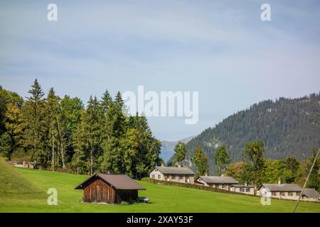 Eine einsame Holzhütte steht auf einer grünen Wiese, umgeben von Bäumen und Bergen in der Ferne, graubuenden, schweiz Stockfoto