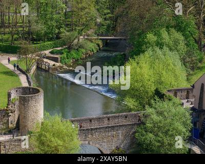 Ein Fluss mit Brücke und Ruinen inmitten einer grünen Parklandschaft, Spaziergänger genießen die Natur, Luxemburg-Stadt, Luxemburg Stockfoto