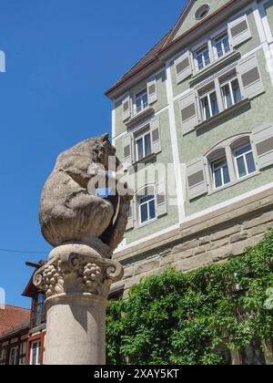 Eine Bärenstatue auf einer Säule vor einem historischen Gebäude mit grünem Putz und bewachsenen Wänden unter blauem Himmel, Meersburg, Bodensee, Deutschland Stockfoto